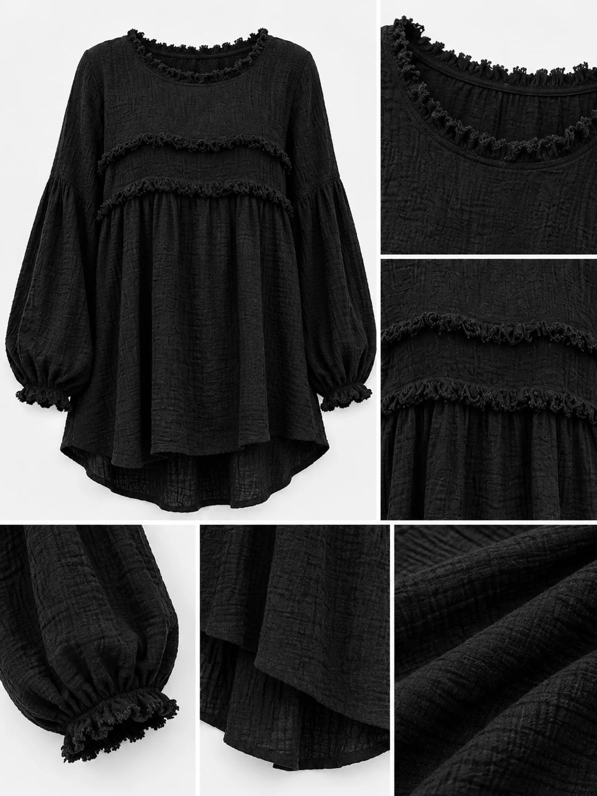 Black textured frayed-trim peplum blouse, trim cuff and hem details