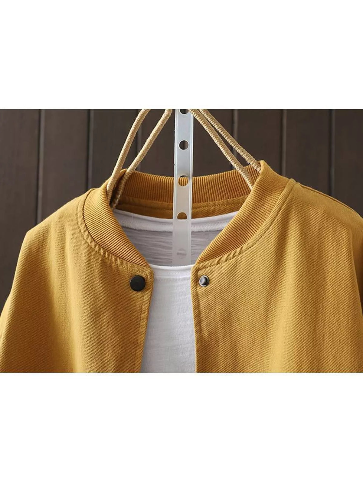 Yellow snap front dropped shoulder jacket, detail view