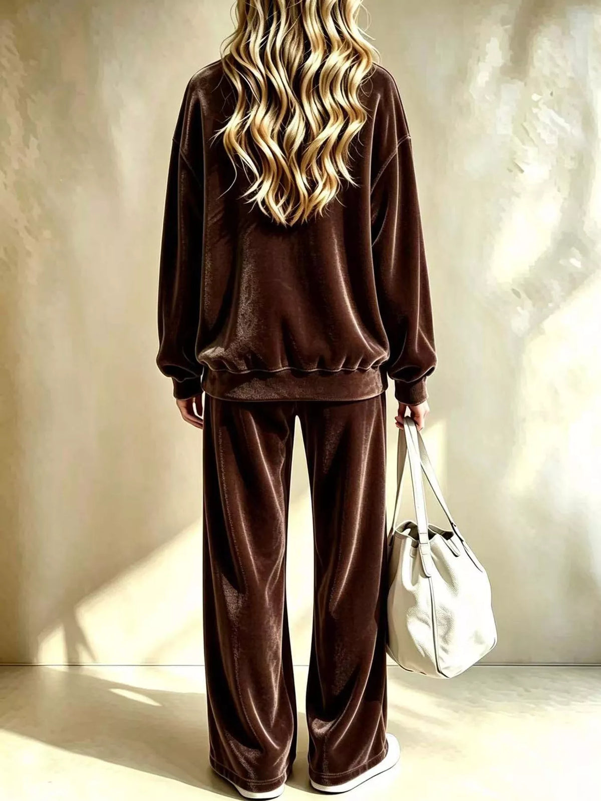 Velour Long Sleeve Top and Wide-Leg Pants Set — back view