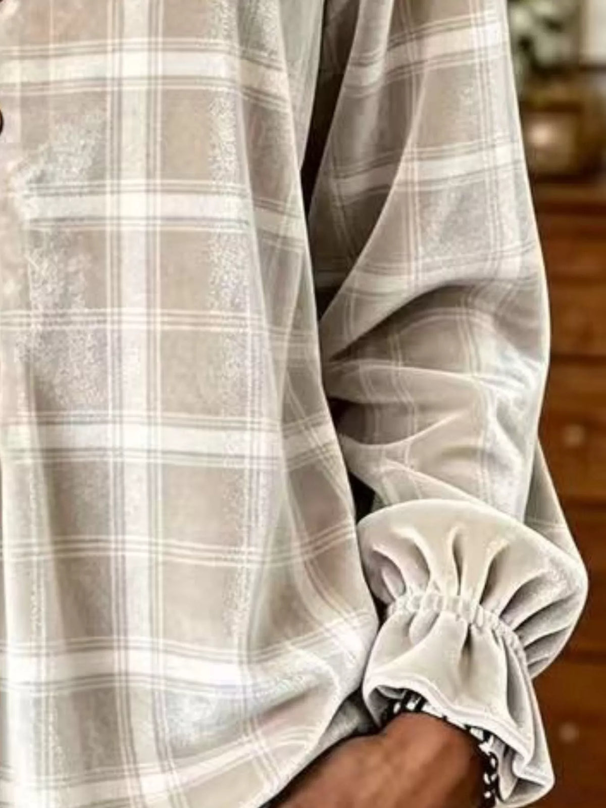 Taupe plaid velvet balloon-sleeve blouse, cuff detail