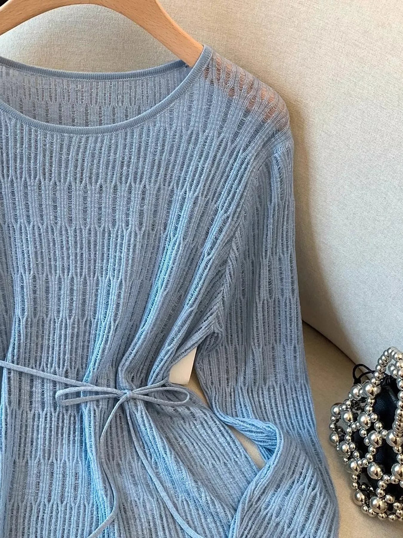 Trendsi Long Sleeve Knit Top with Tie Detail - Shirts