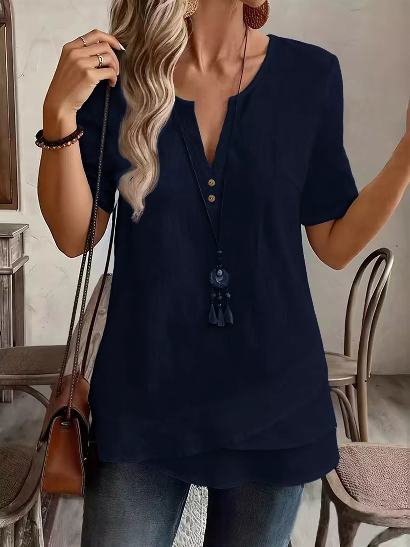 Trendsi Notched Short Sleeve Blouse -