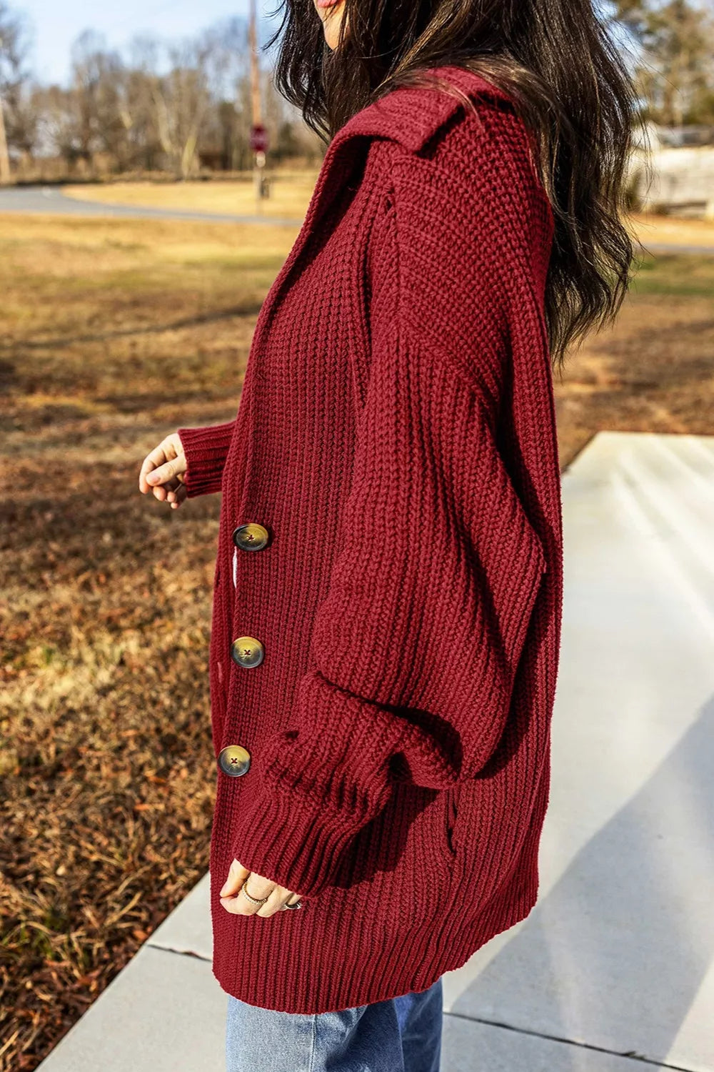 Trendsi Solid Color Knit Oversized Button Front Sweater Cardigan -