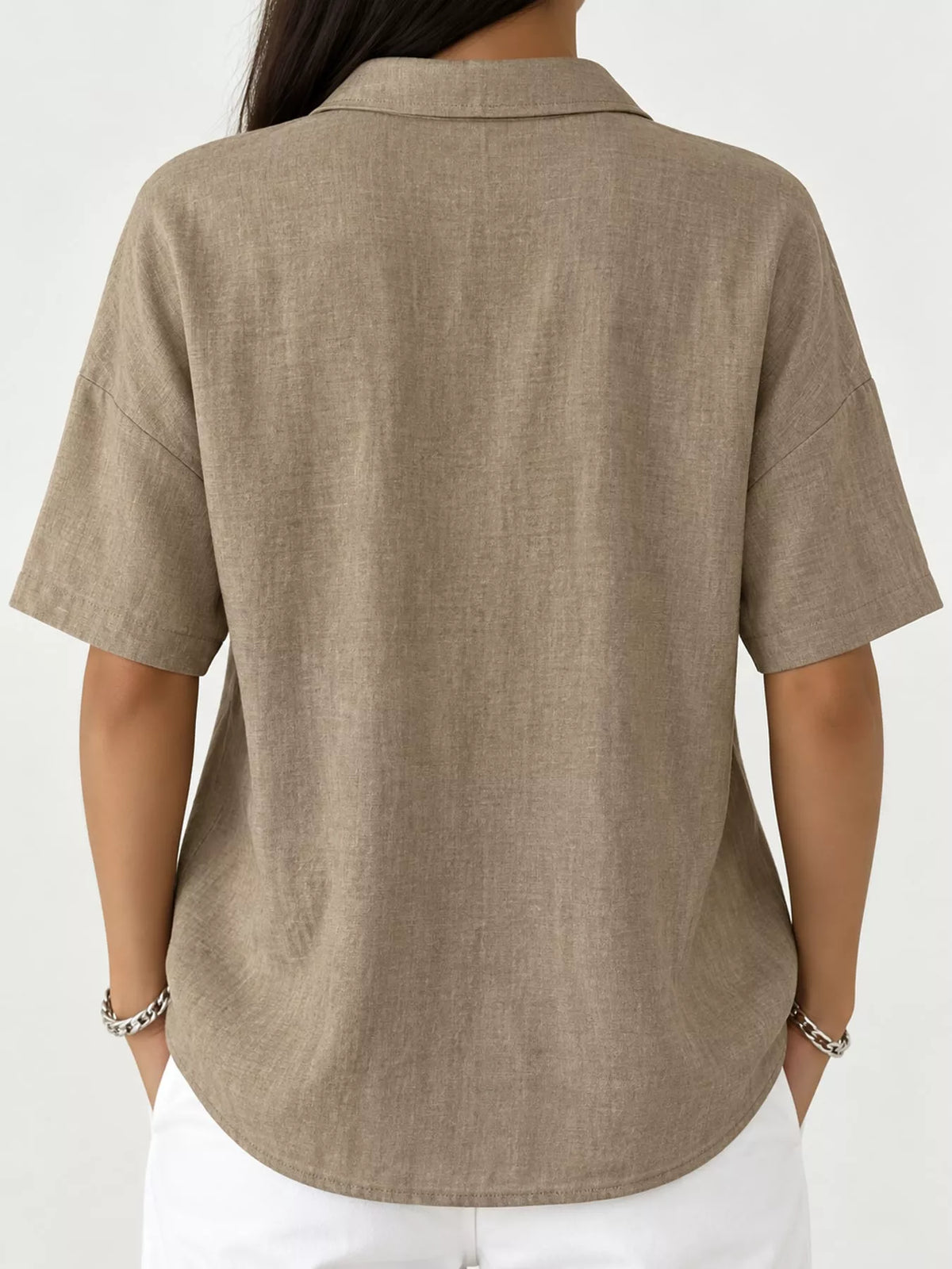 Snap Down Shirt in khaki, back view