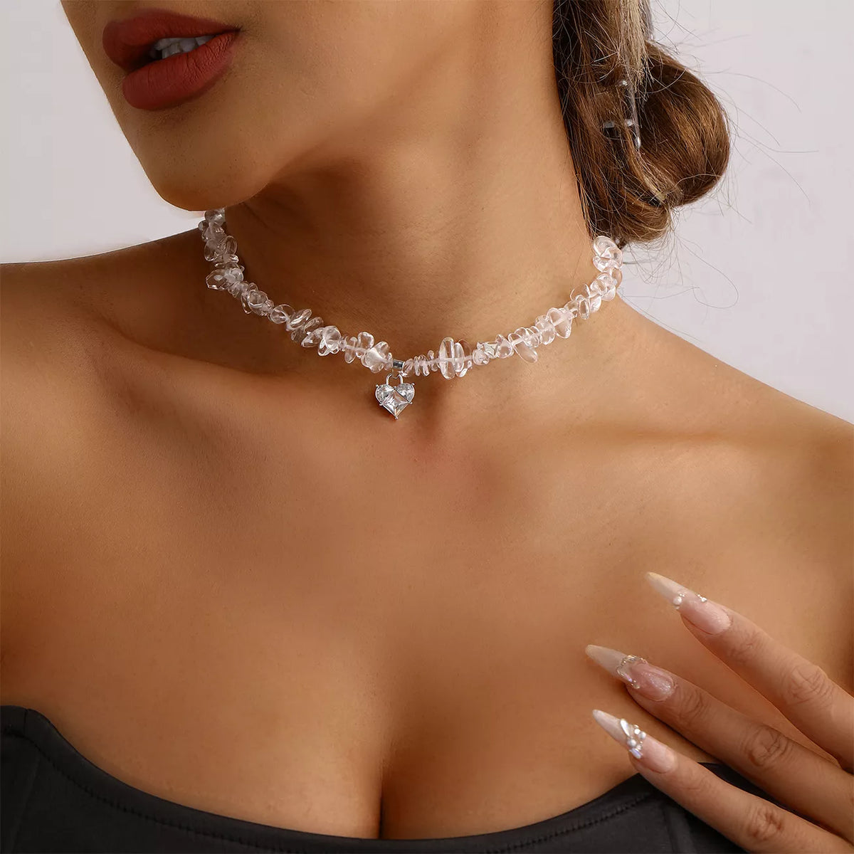 Silver crystal-chip heart pendant necklace