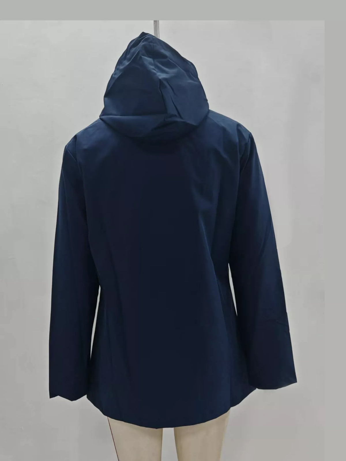 Navy Blue drawstring hooded jacket, back view