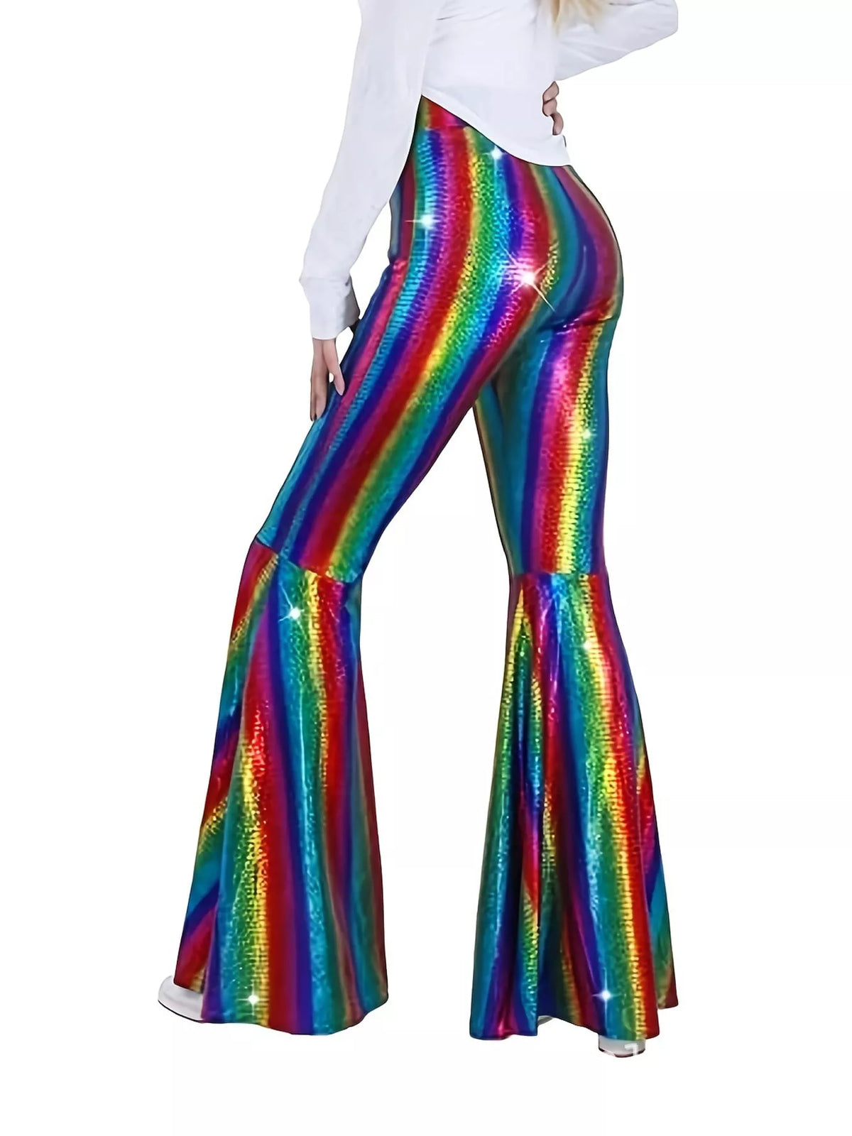 Rainbow high-waisted flare pants — back view