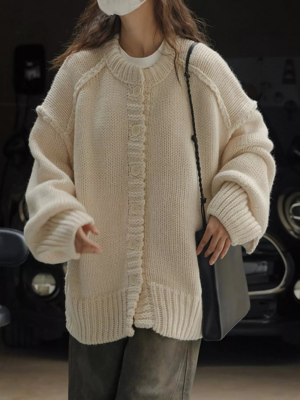 Oversized Chunky Knit Cardigan with Textured Button Placket in off-white