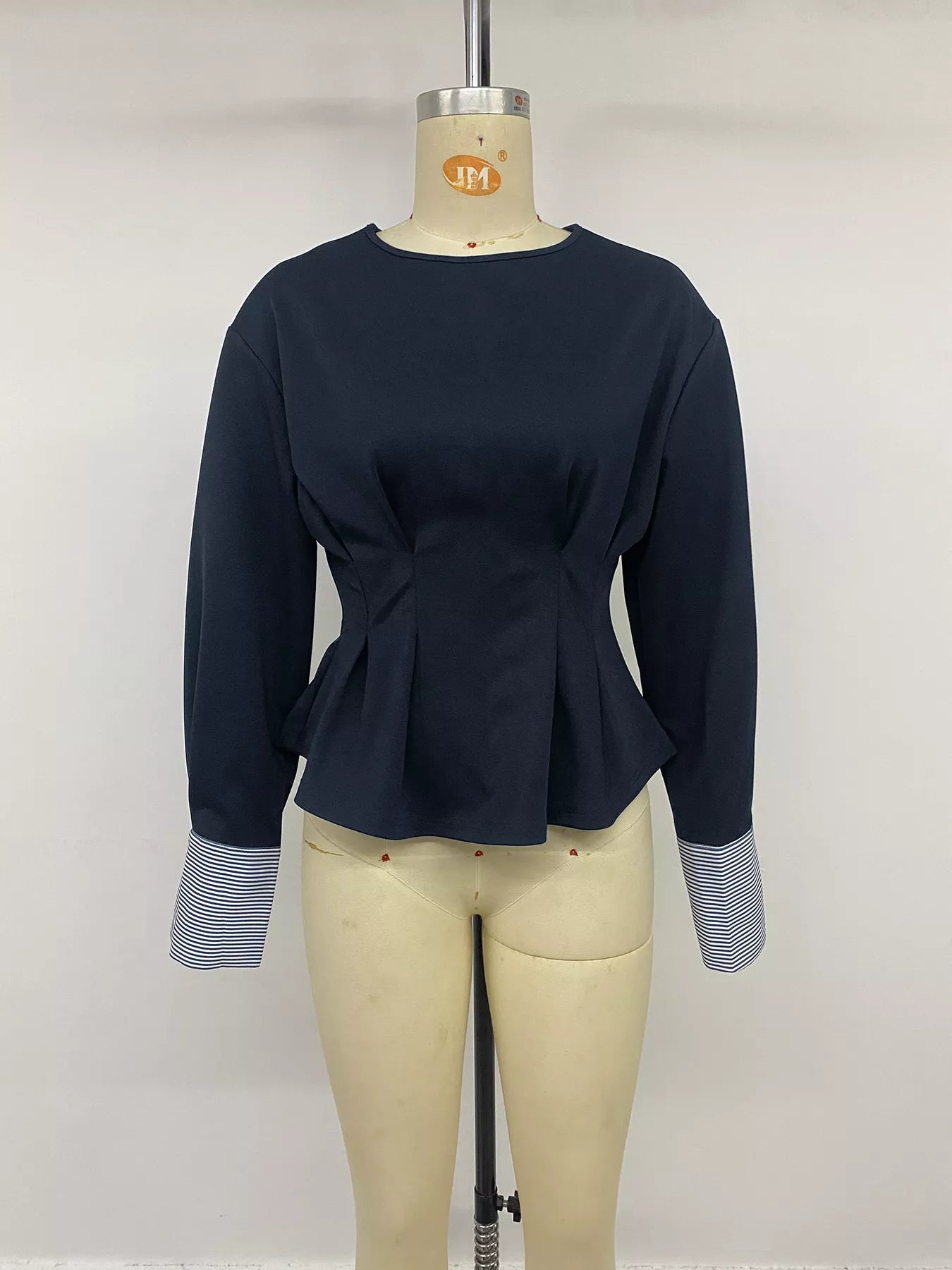 Trendsi Round Neck Peplum Top with Striped Cuffs -