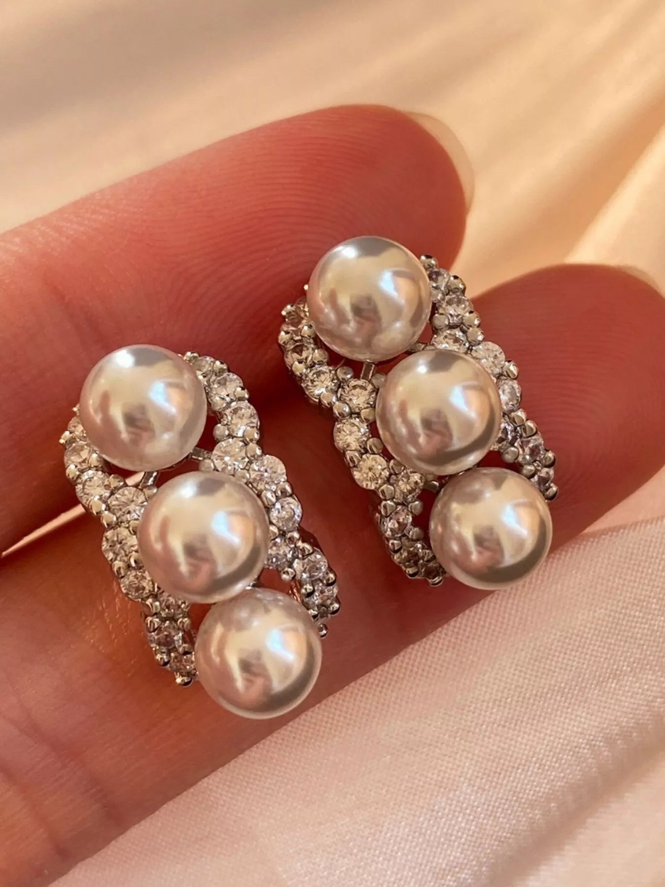 Trendsi Zircon Triple Pearl Drop Earrings -