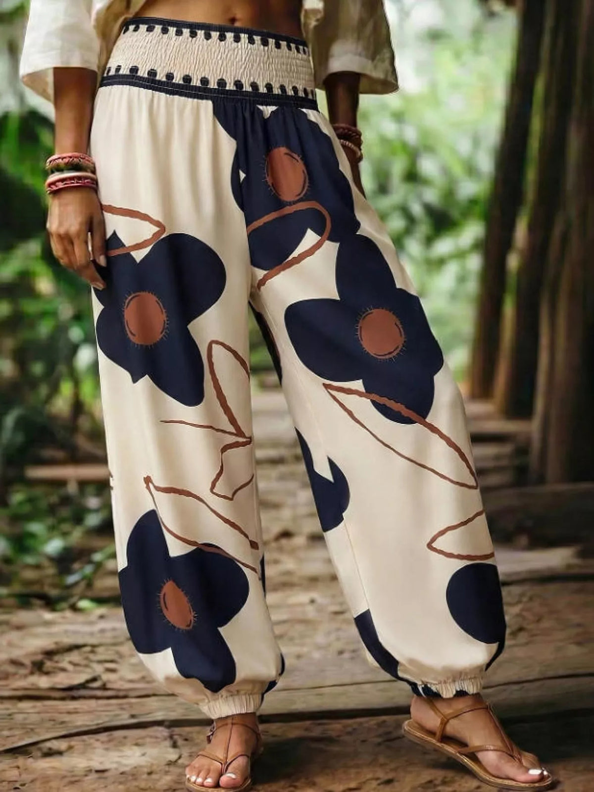 Dark Blue floral print wide-leg pants