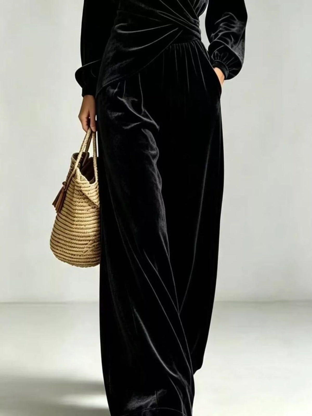 Black Velvet Wrap-Front Top and Pants Set back view