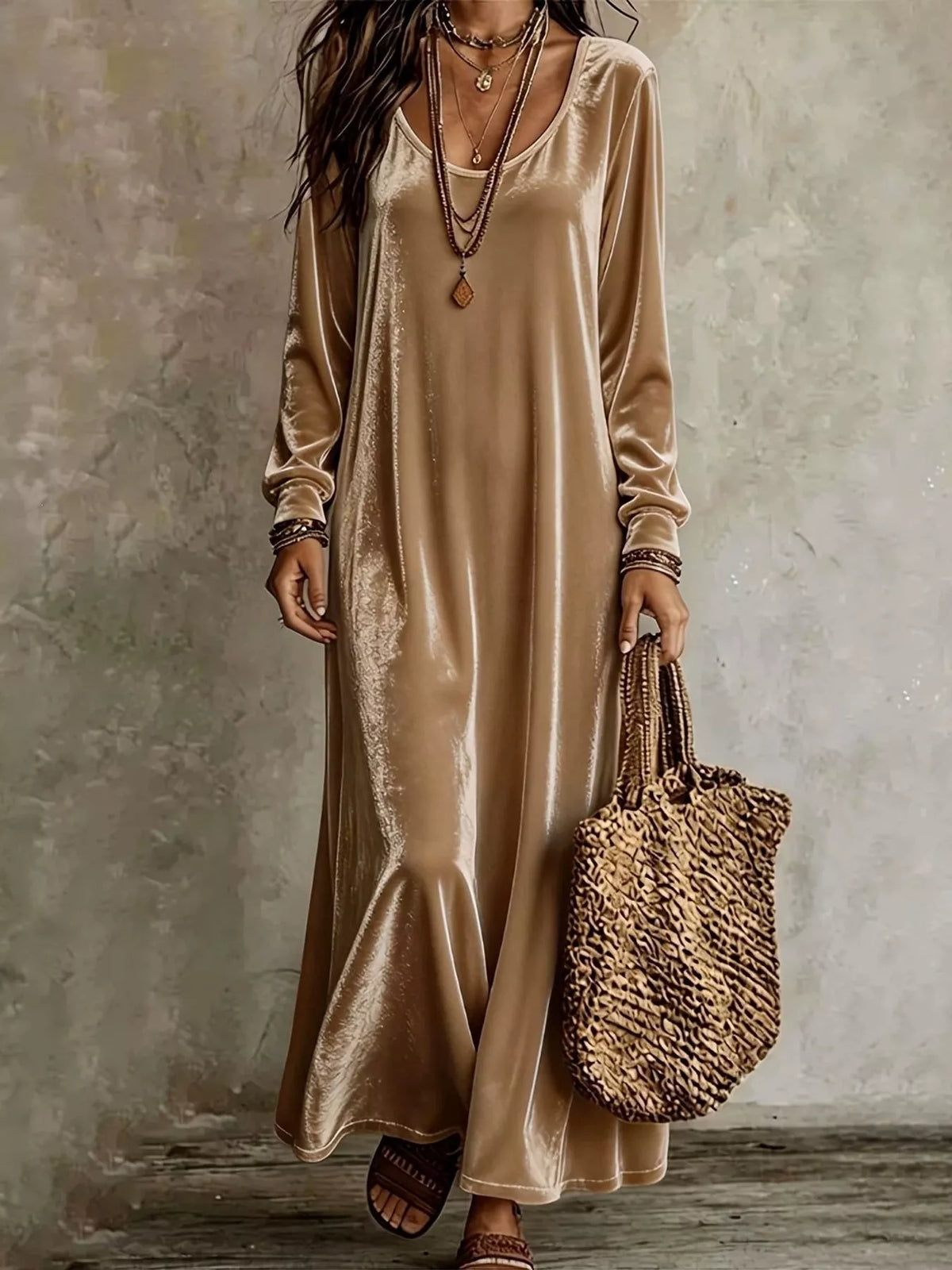 Velvet maxi dress, tan front