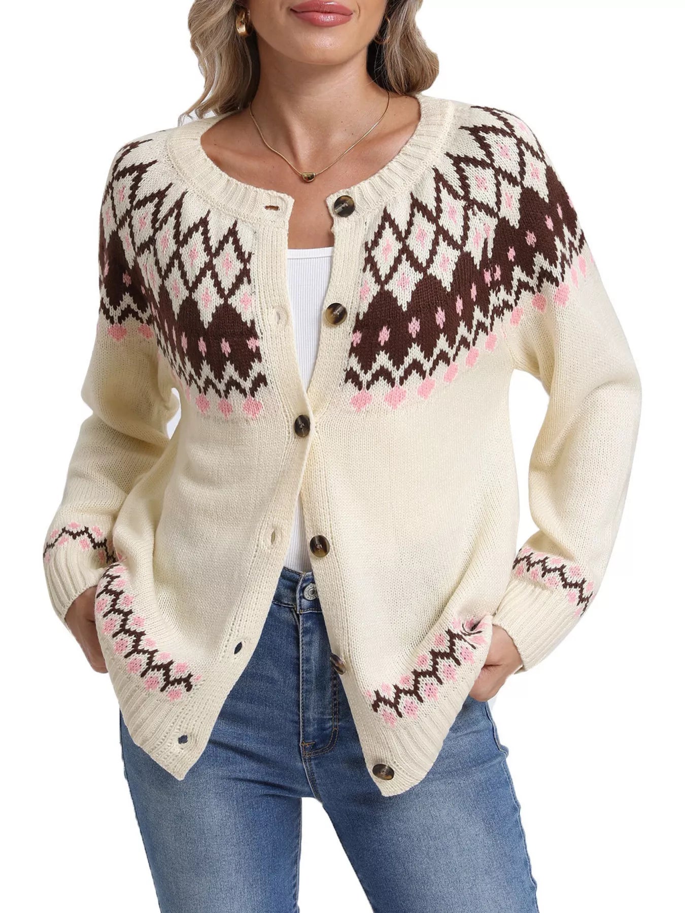 Trendsi Fair Isle Patterned Button-Down Knit Cardigan -