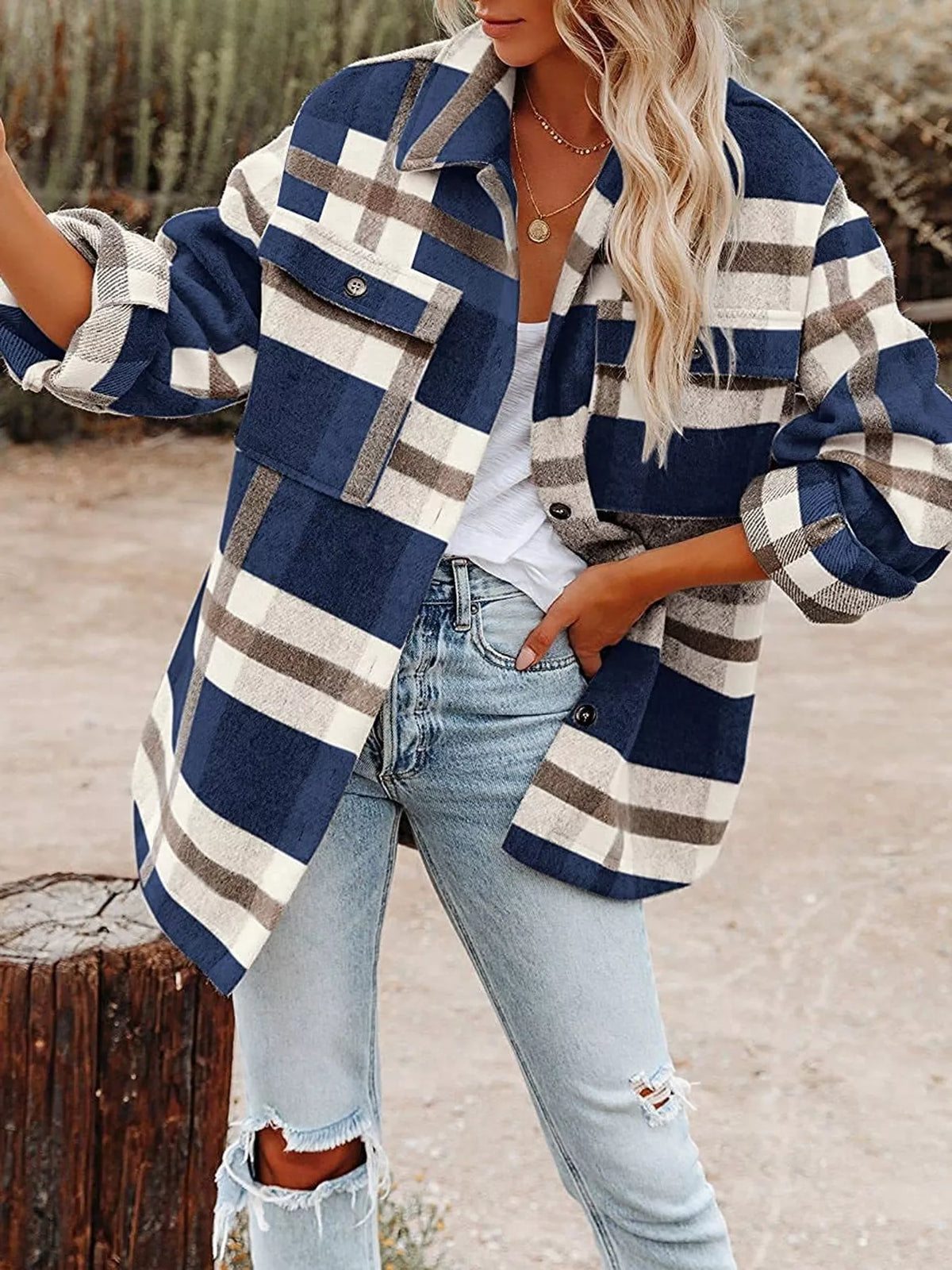 Collared long sleeve jacket, front view on model