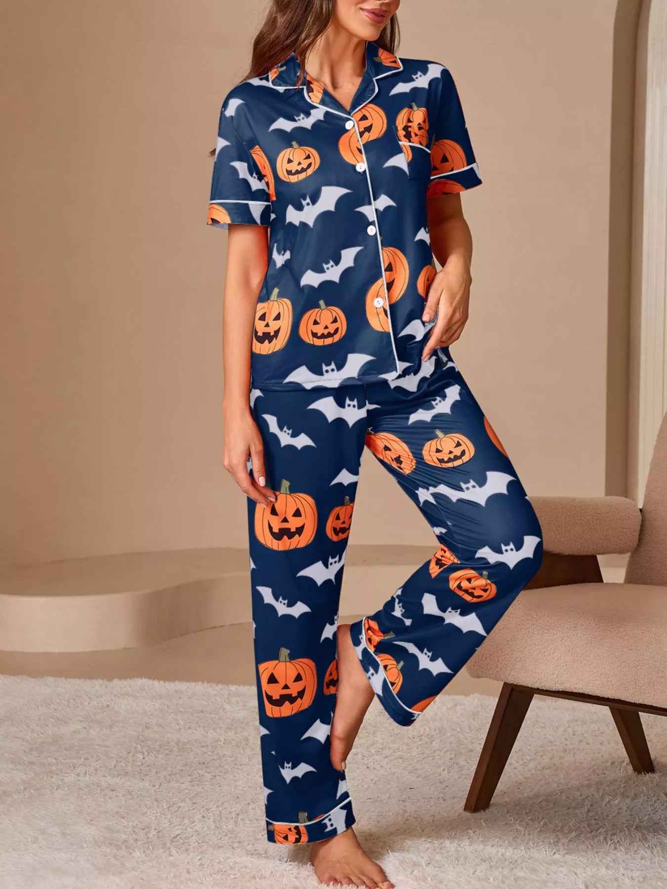 Trendsi Halloween Pumpkin and Bat Print Button-Down Top and Pants Lounge Set -
