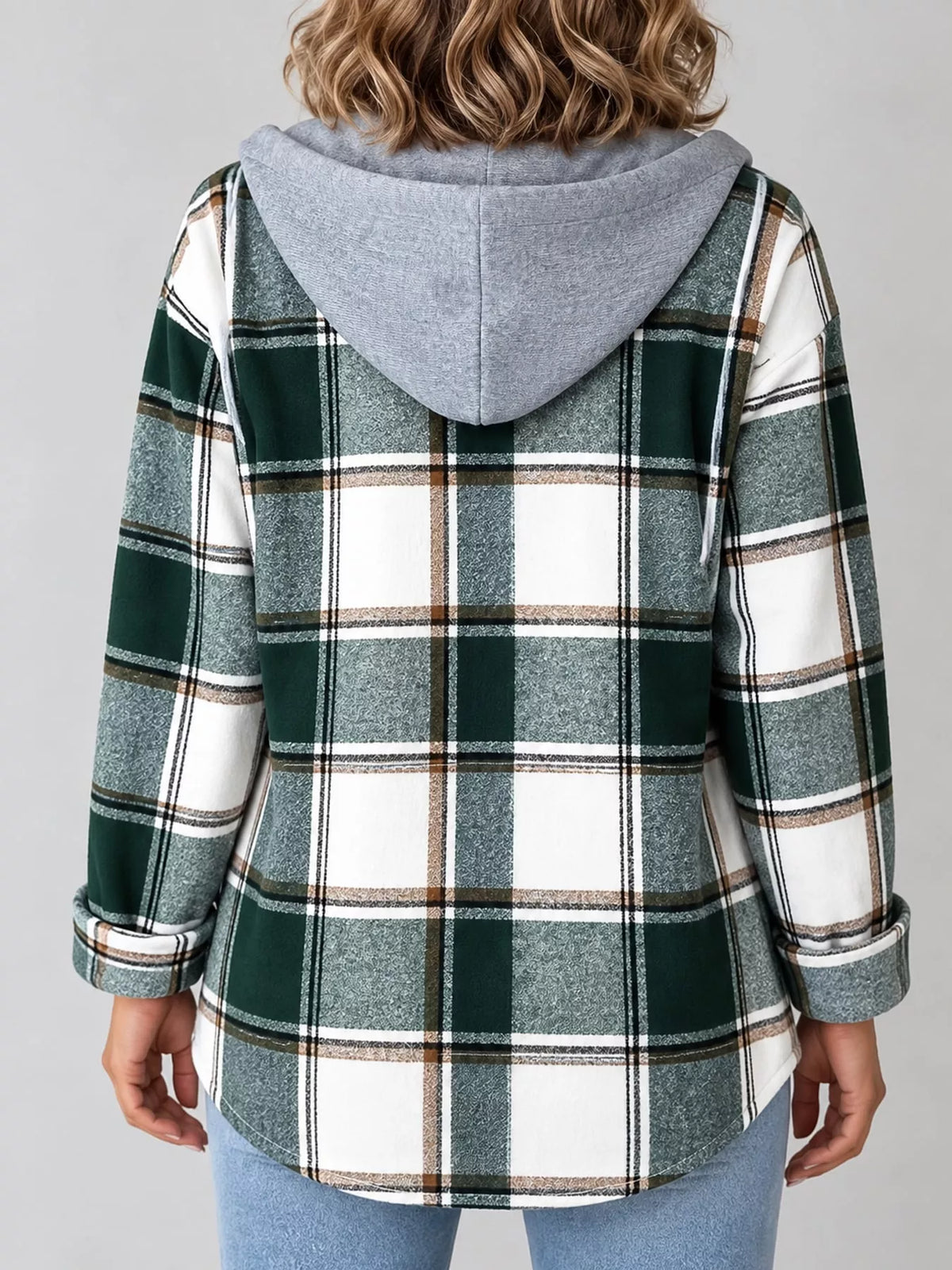 Button-Down Printed Contrast Hooded Shacket — back view