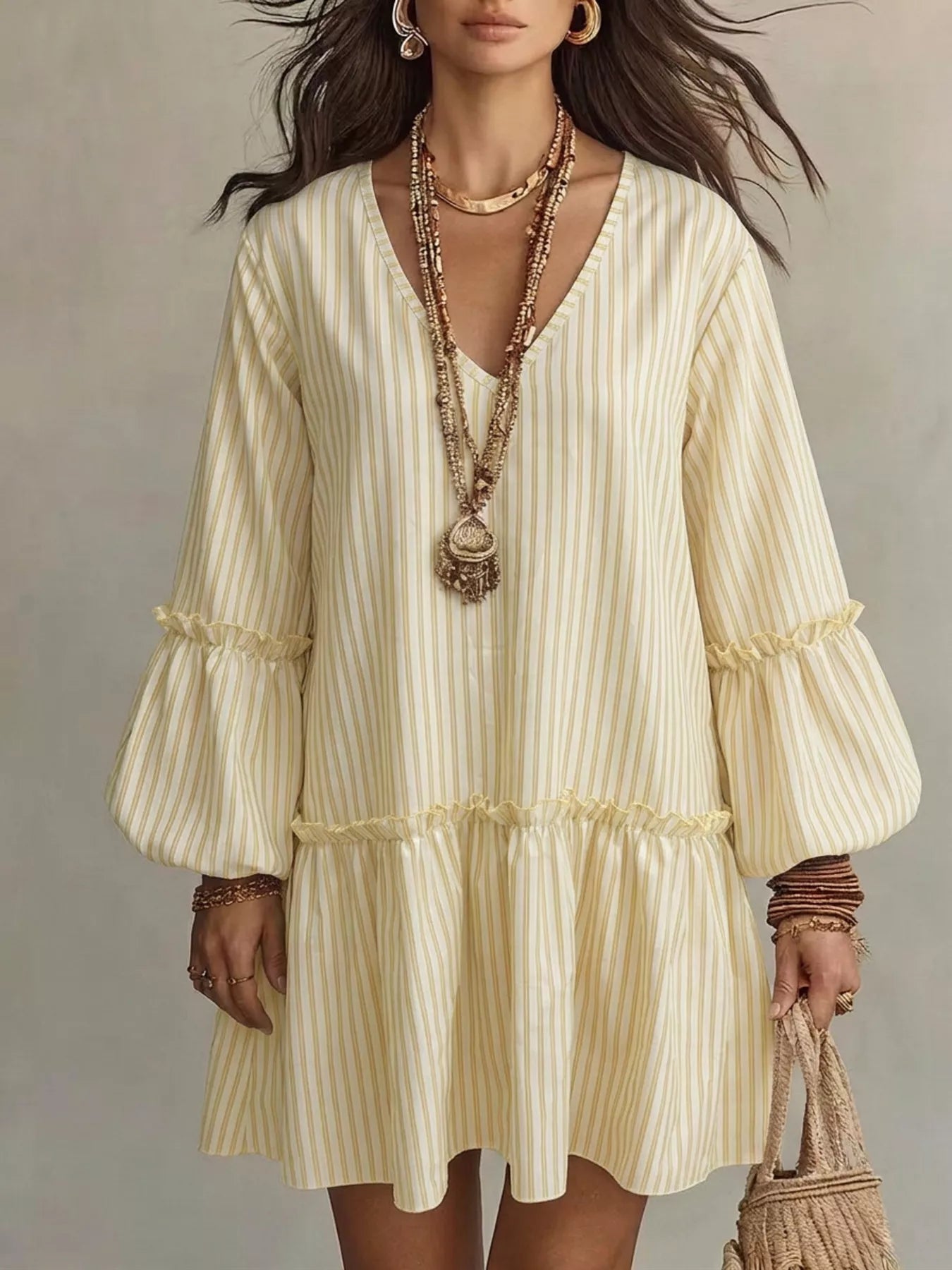 Trendsi Full Size Striped Balloon Sleeve Mini Dress Plus Size -
