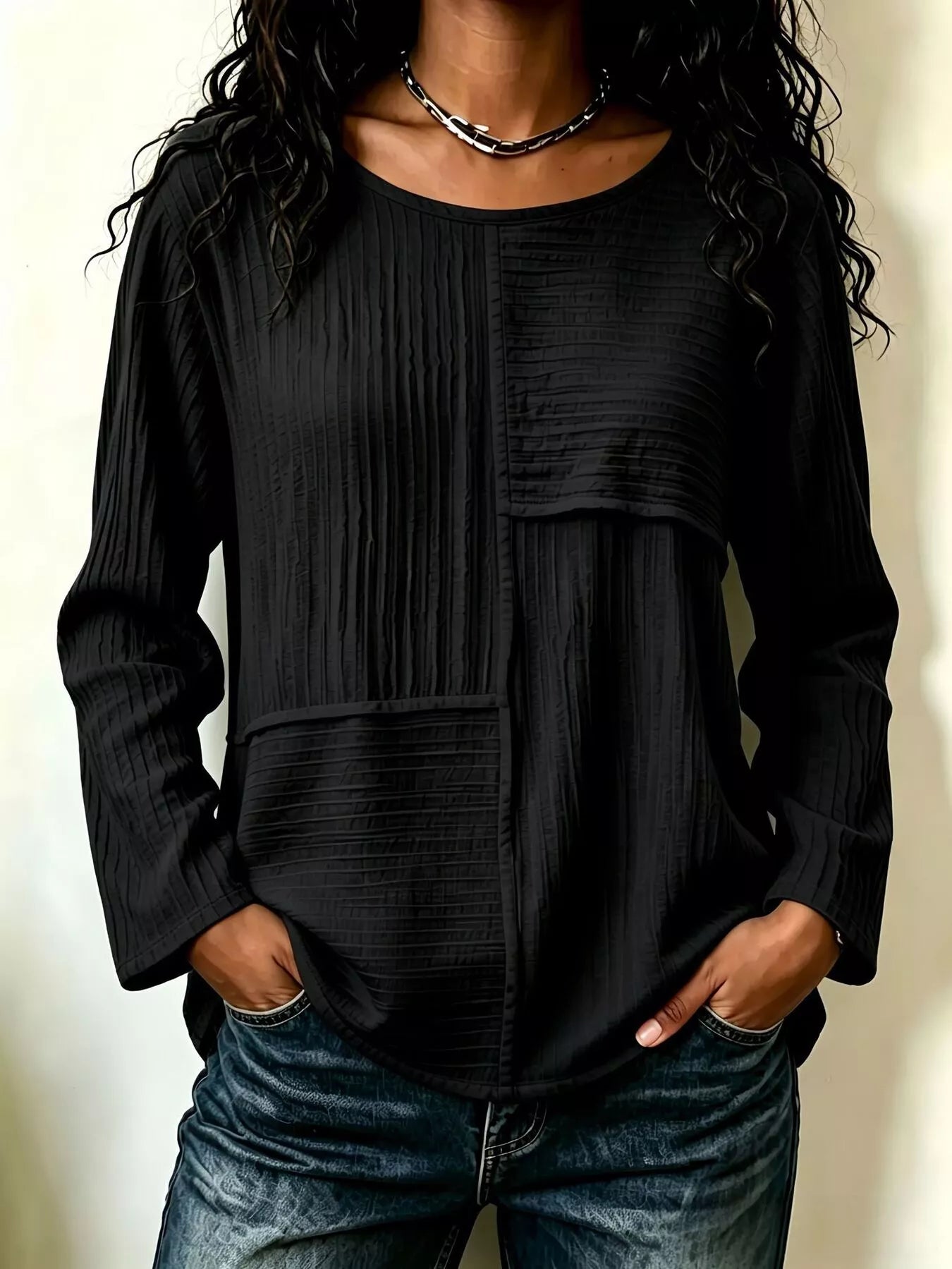 Trendsi Textured Patchwork Long Sleeve Casual T-Shirt -