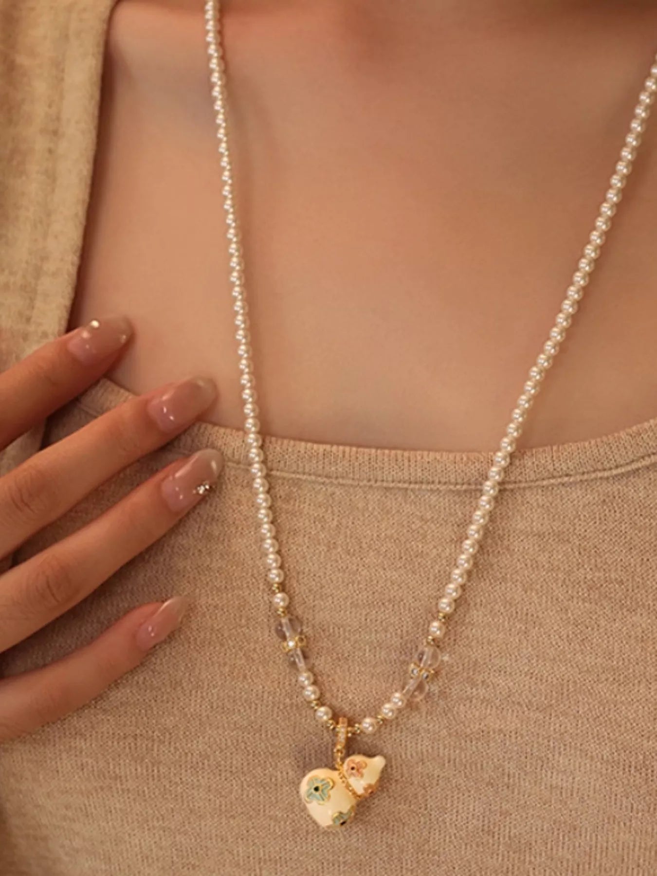 Women's Pearl Gourd Pendant Necklace 18K Gold Plated Crystal Beads