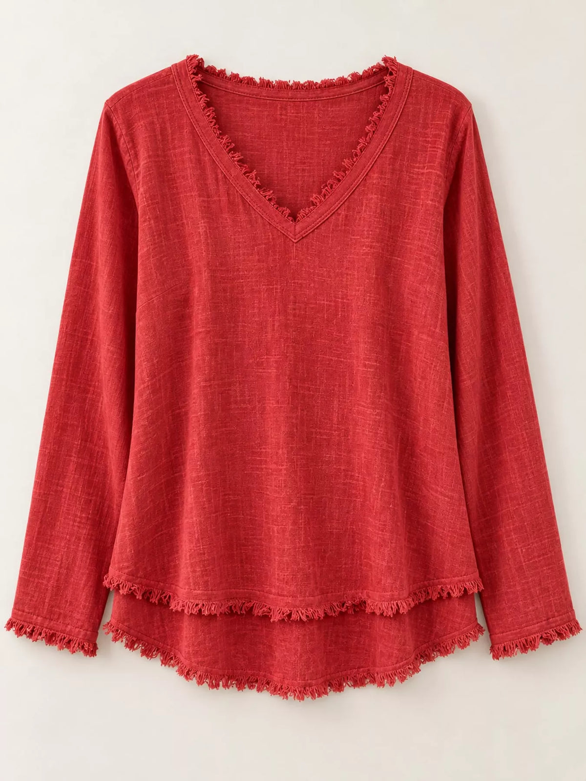 Frayed V-neck blouse, red flat lay