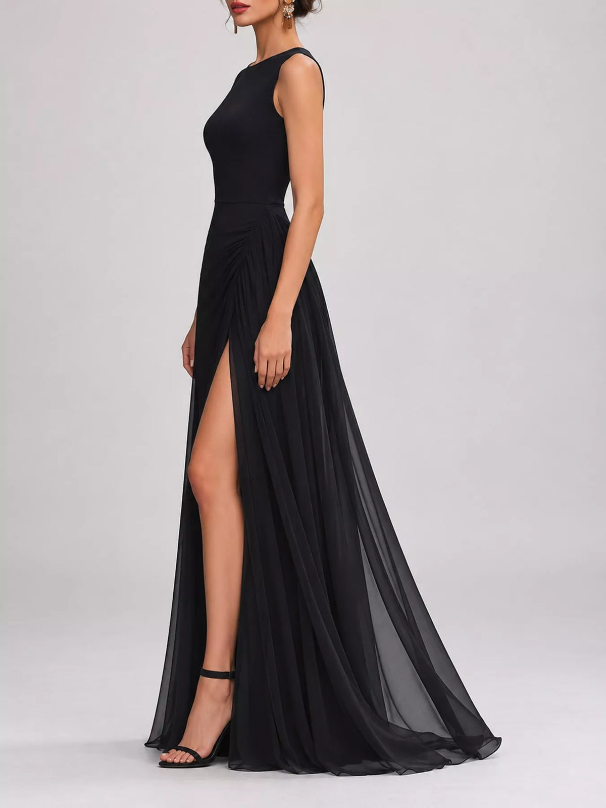 Black sleeveless high-slit evening maxi dress
