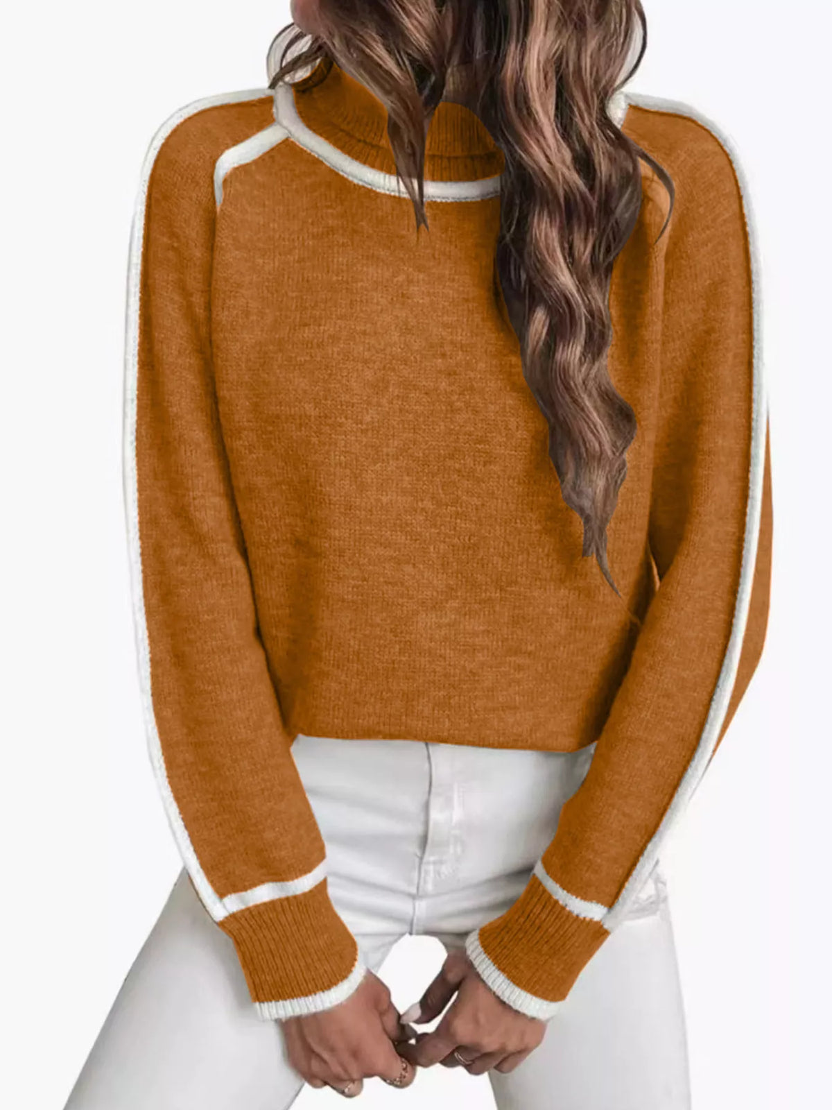 Women's Contrast Trim Ribbed Hem Turtleneck Sweater in Black, front view
