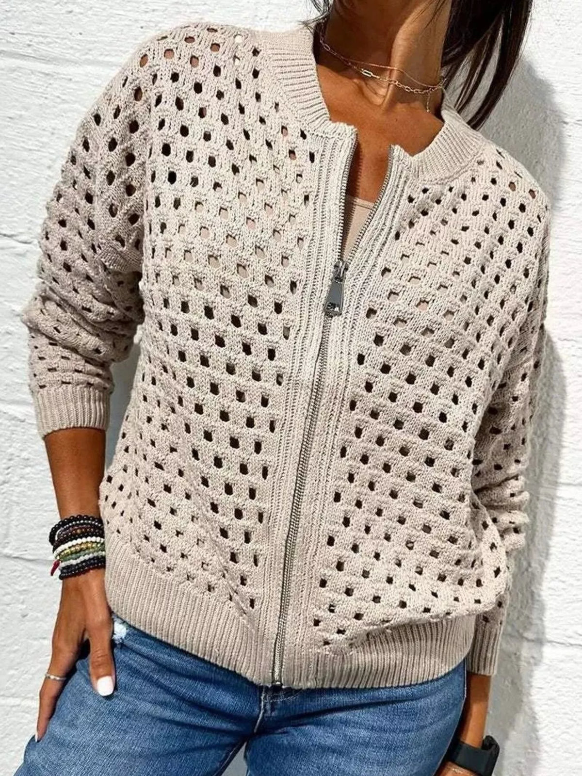 Trendsi Full Size Crochet Knit Zip-Up Cardigan Plus Size -