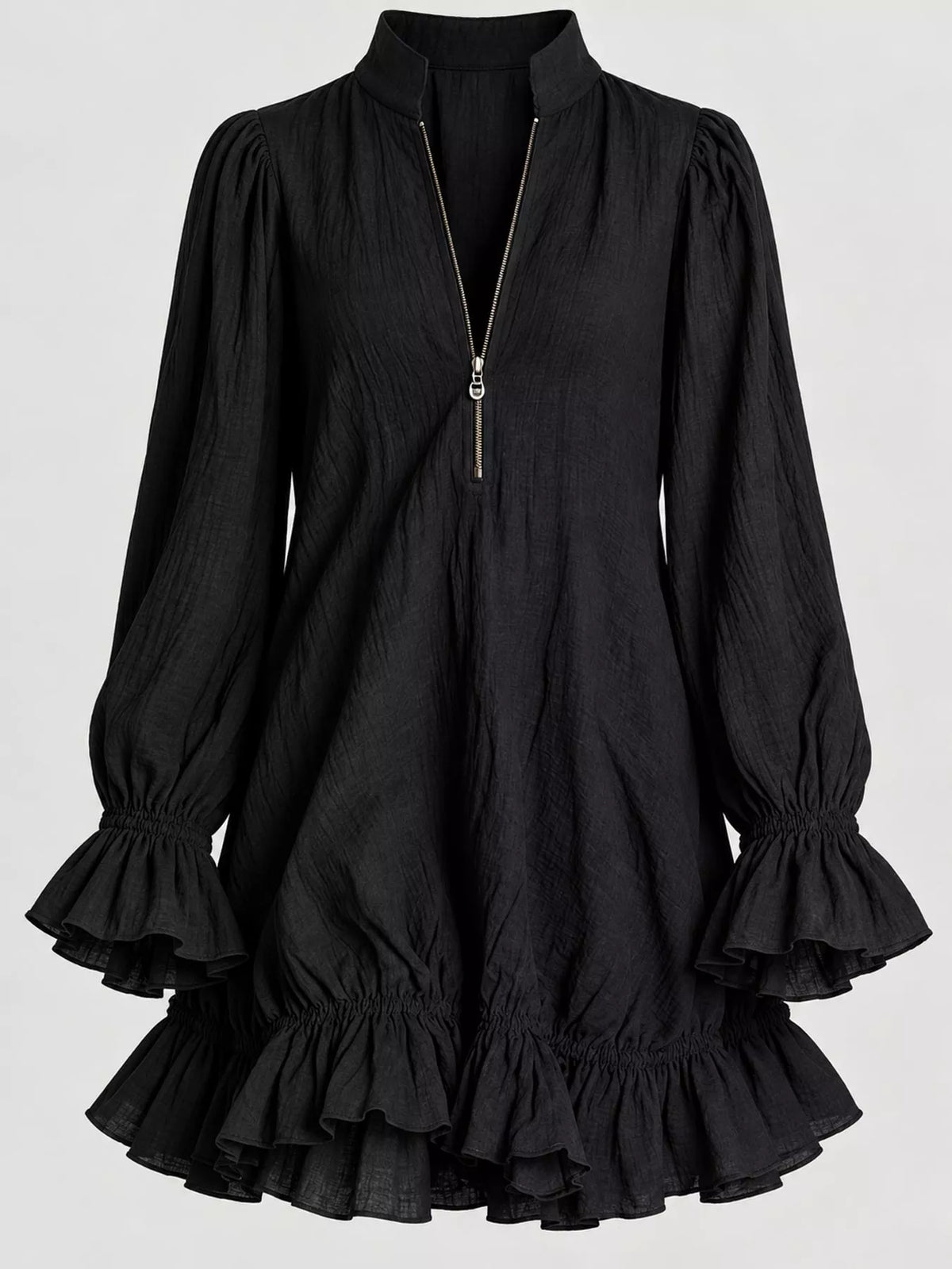 Ruffled-hem mini dress, black ruffled cuff and hem