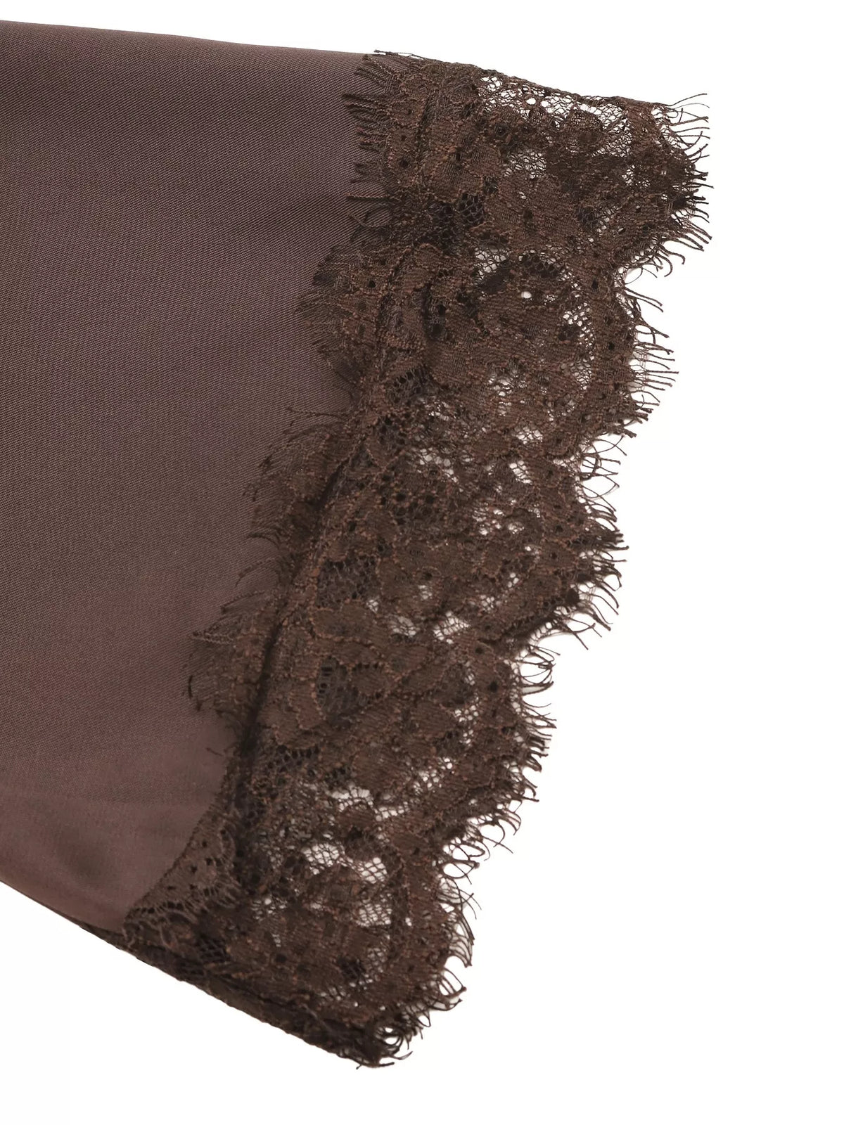 Coffee satin lace-trim blouse with flounce sleeves, cuff detail