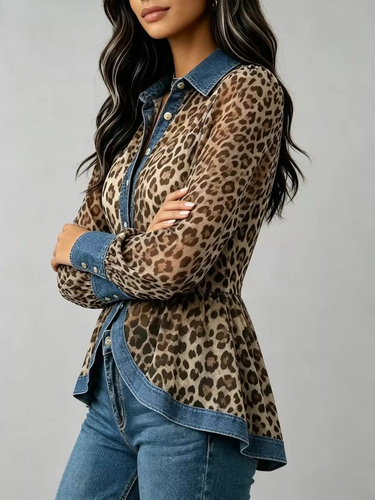 Brown and blue leopard shirt with contrasting trim, front view with arms crossed
