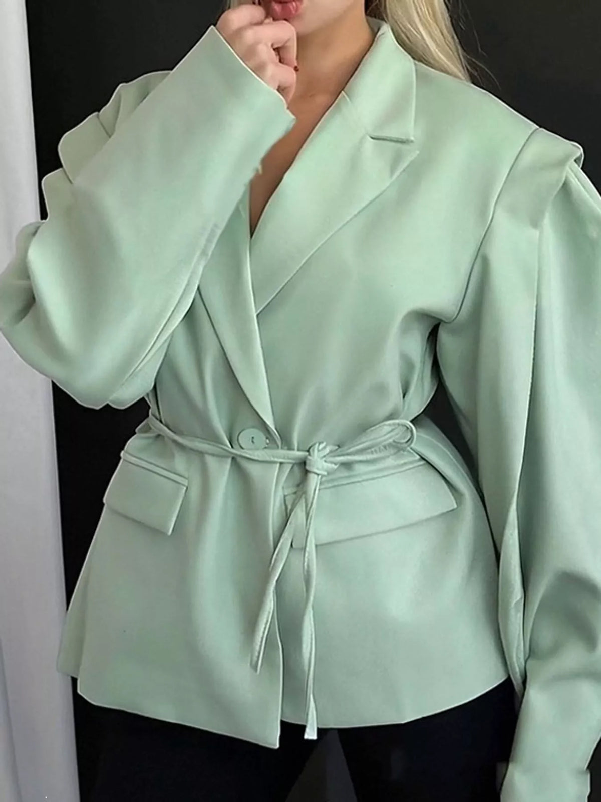 Collared long sleeve blazer, front view on model