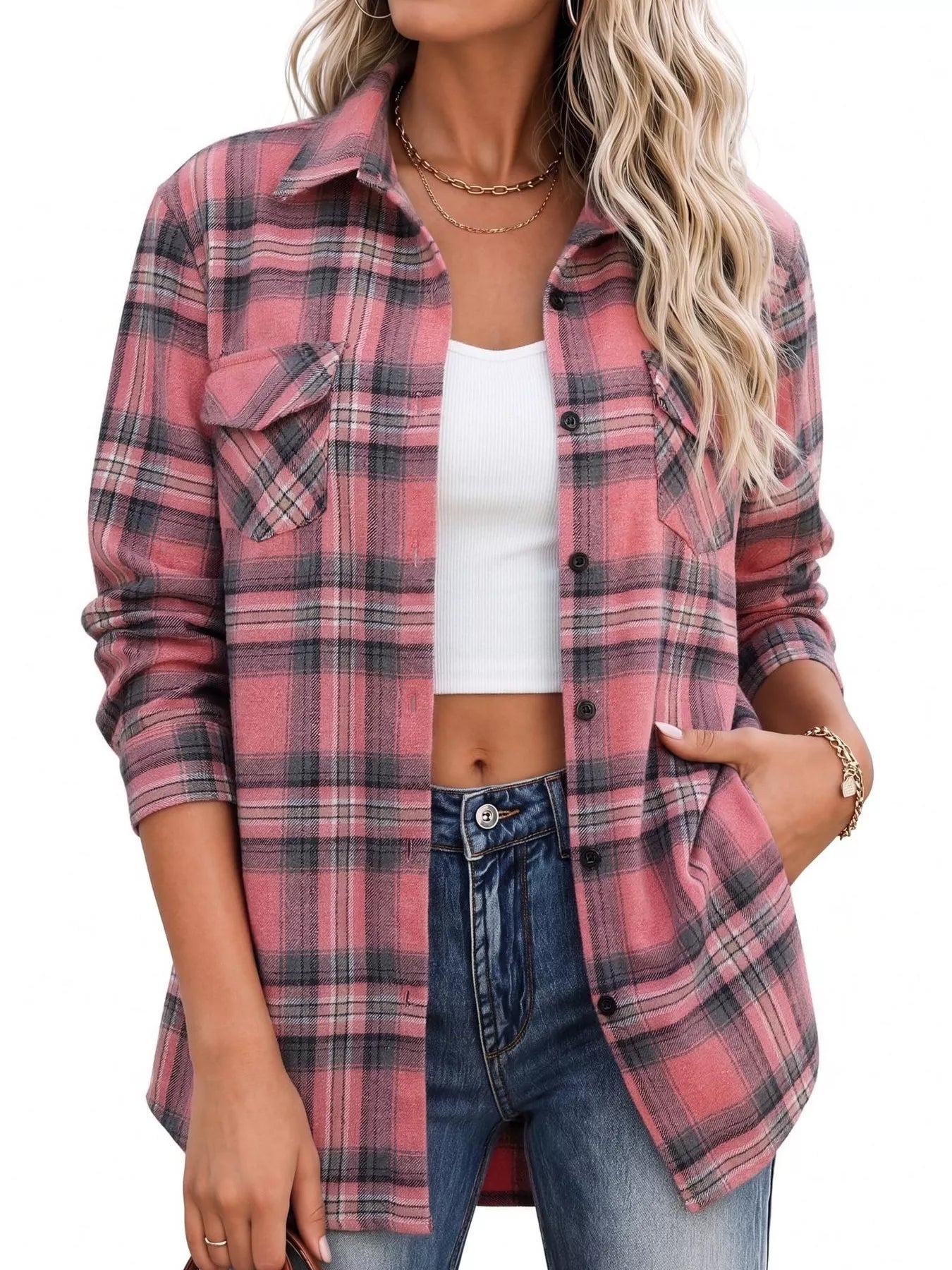 Trendsi Casual Plaid Button-Down Shirt -