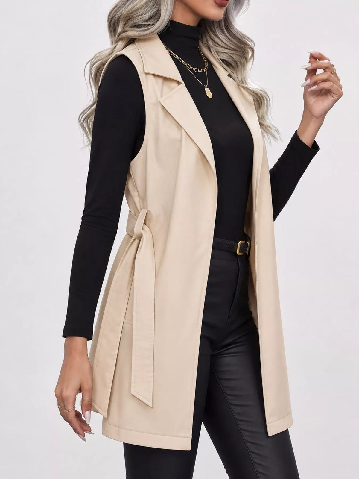 Tie Waist Longline Vest in beige, side view