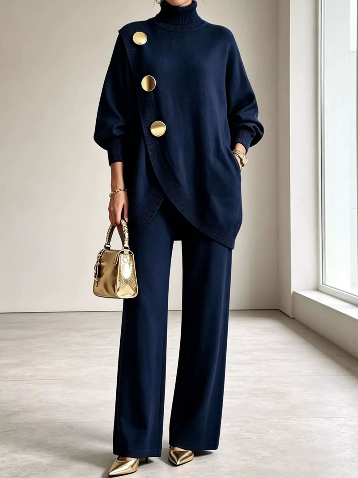 Navy turtleneck long sleeve top and pants sweater set