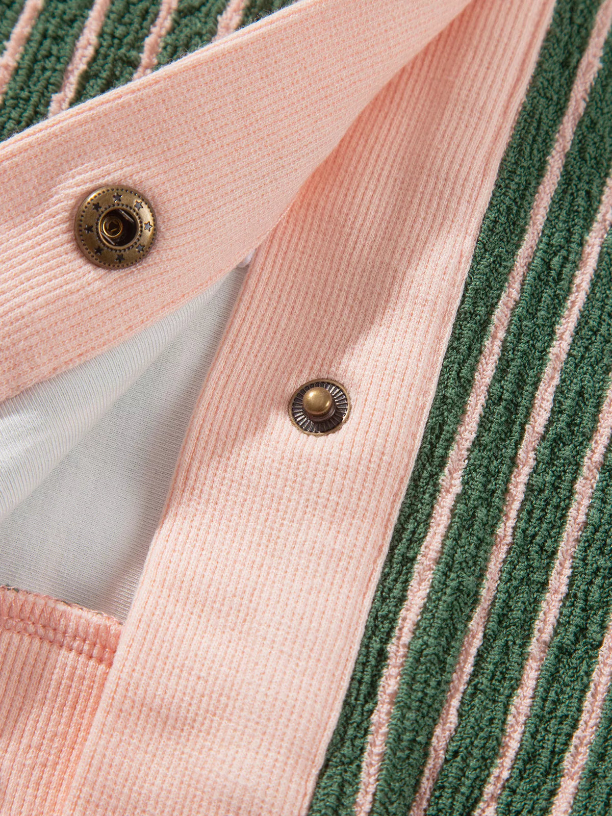 Buttons and front opening on green and pink striped striped round neck patchwork cardigan