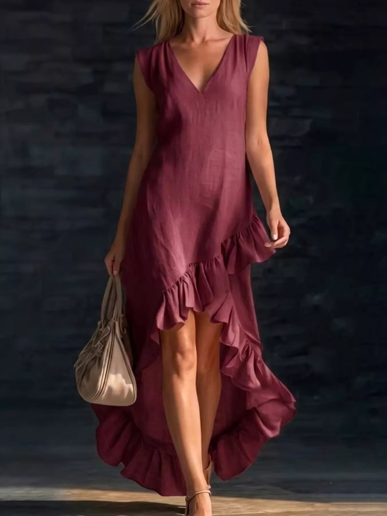 Trendsi Full Size Ruffled Asymmetrical Hem V-Neck Sleeveless Dress Plus Size -