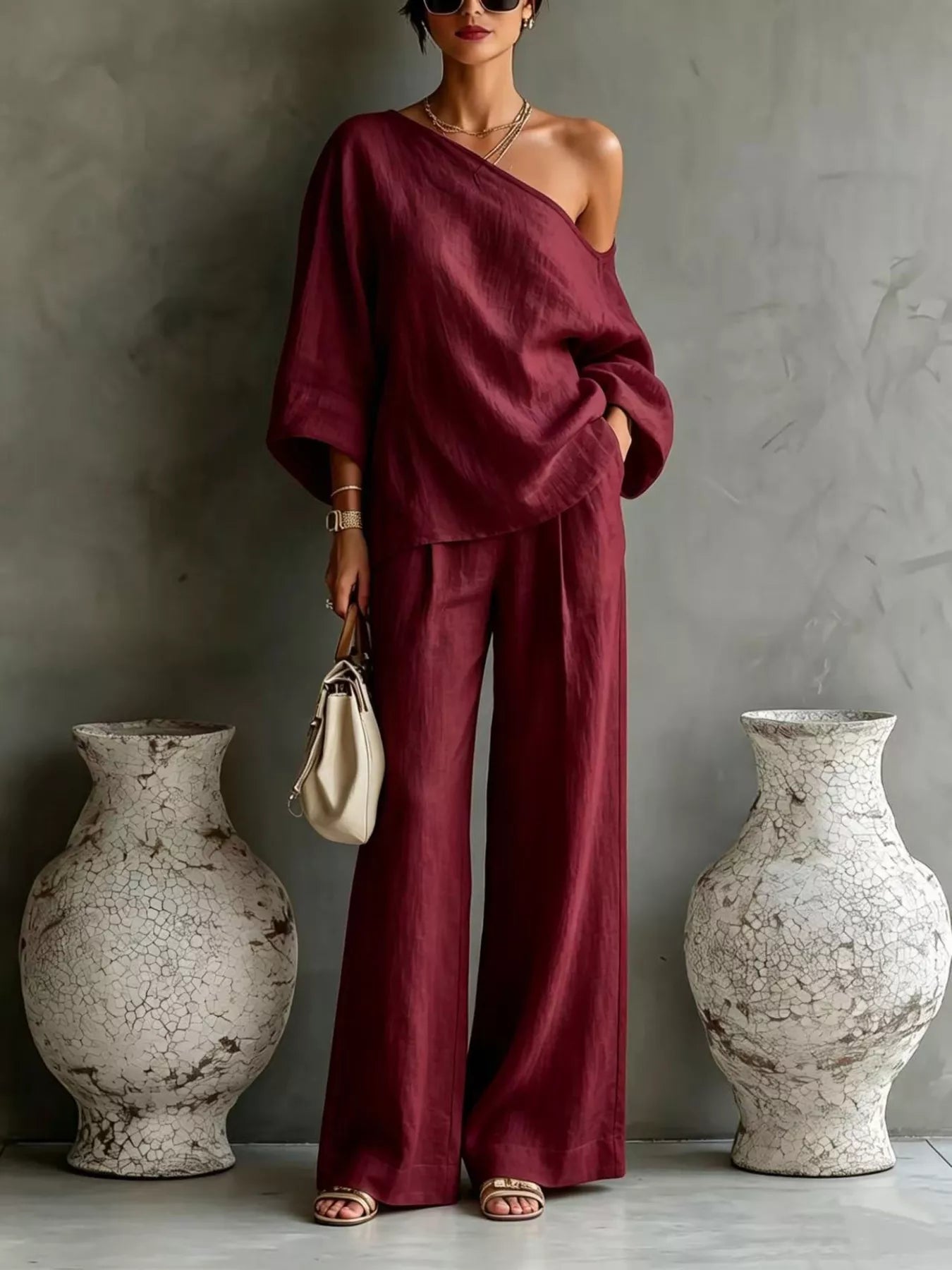 Trendsi One Shoulder Top and Wide Leg Pants Set -