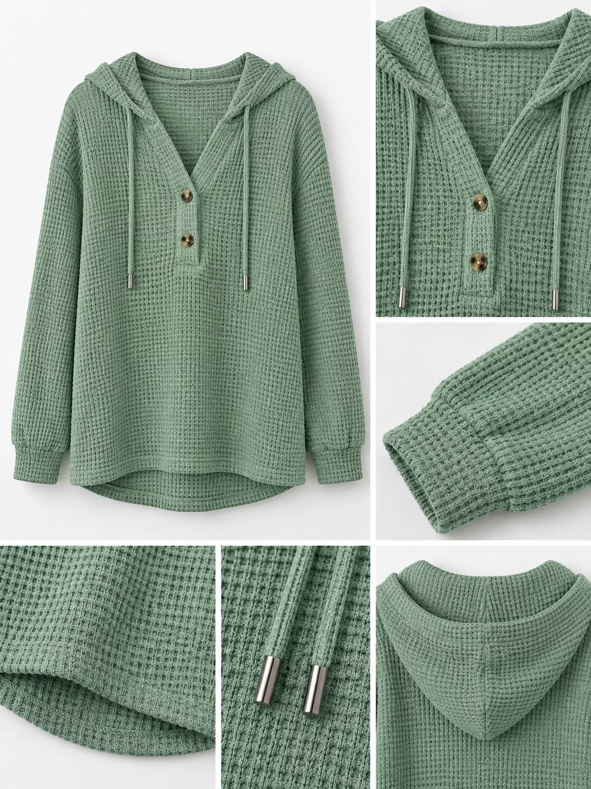 Sage waffle knit button-detail hoodie, hood button cuff and waffle-knit details