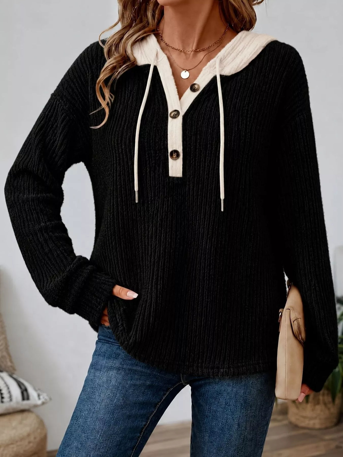 Trendsi Full Size Drawstring Button Detail Hooded Sweater Plus Size -