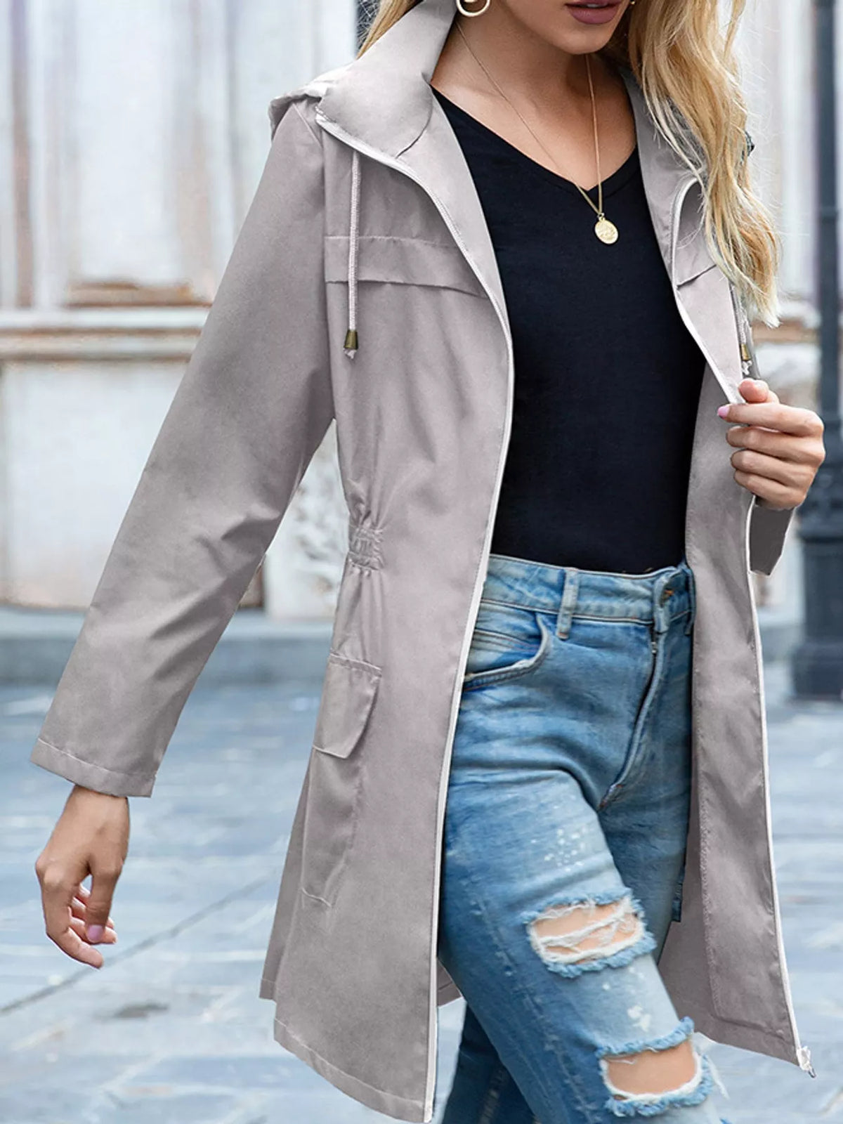 Women's Zip Up Drawstring Waist Hooded Jacket in gray — front view