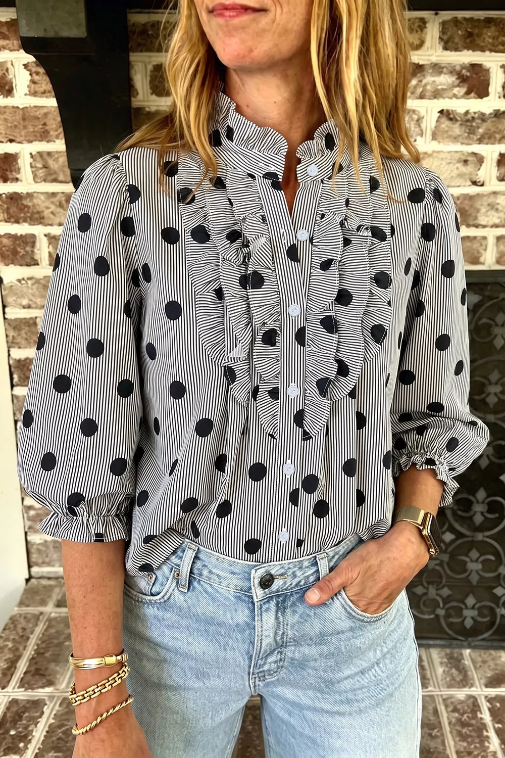 Trendsi Polka Dot Ruffled Stand-Collar Shirt -