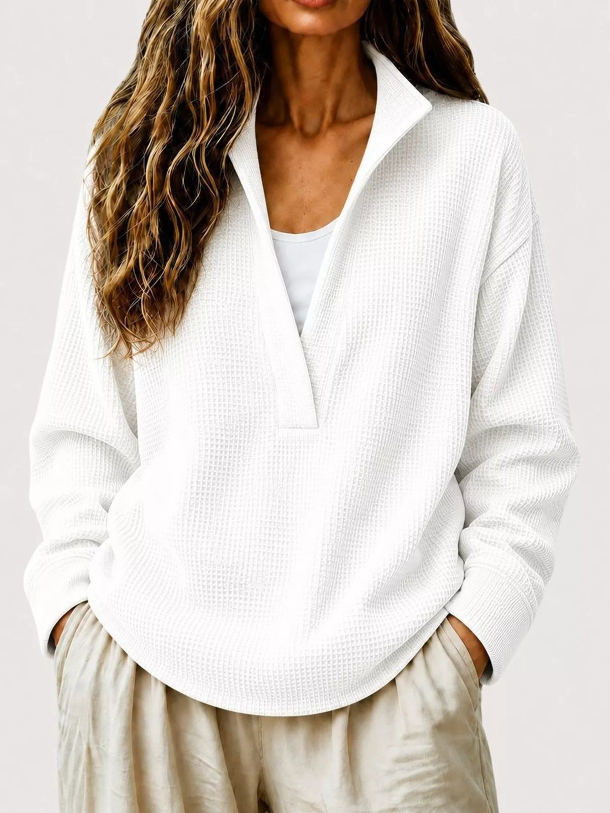 White Waffle Knit Dropped Shoulder Sweatshirt front view