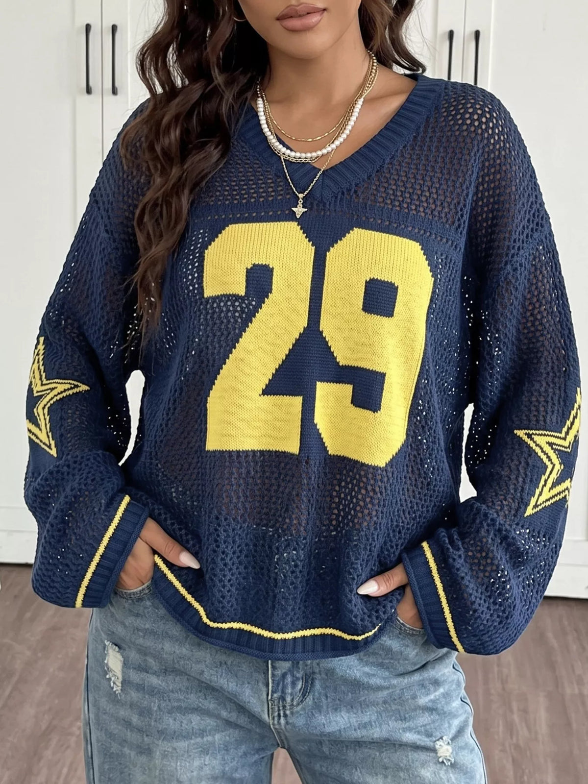 Women's Number 29 Openwork Knit Jersey Sweater in Dark Navy, alternate view