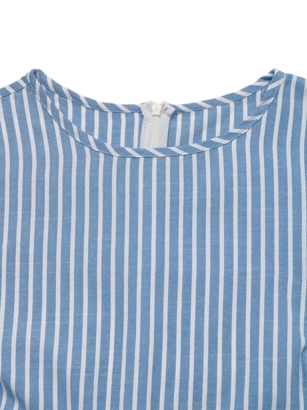 Blue striped long sleeve mini dress, round neckline detail