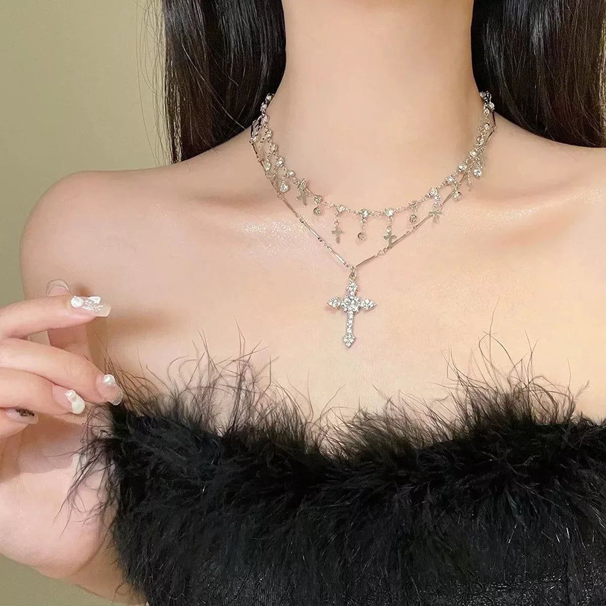Silver double-layer cross pendant necklace