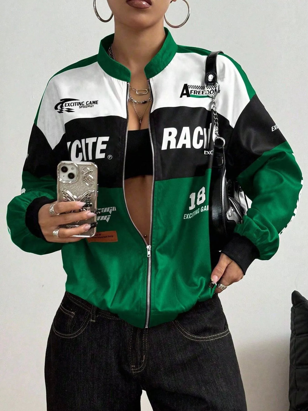 Green and white letter-print zip-front jacket, open front mirror view