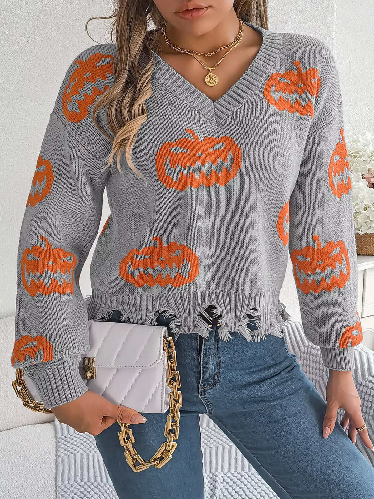 Pumpkin Distressed Hem Sweater in gray, front view