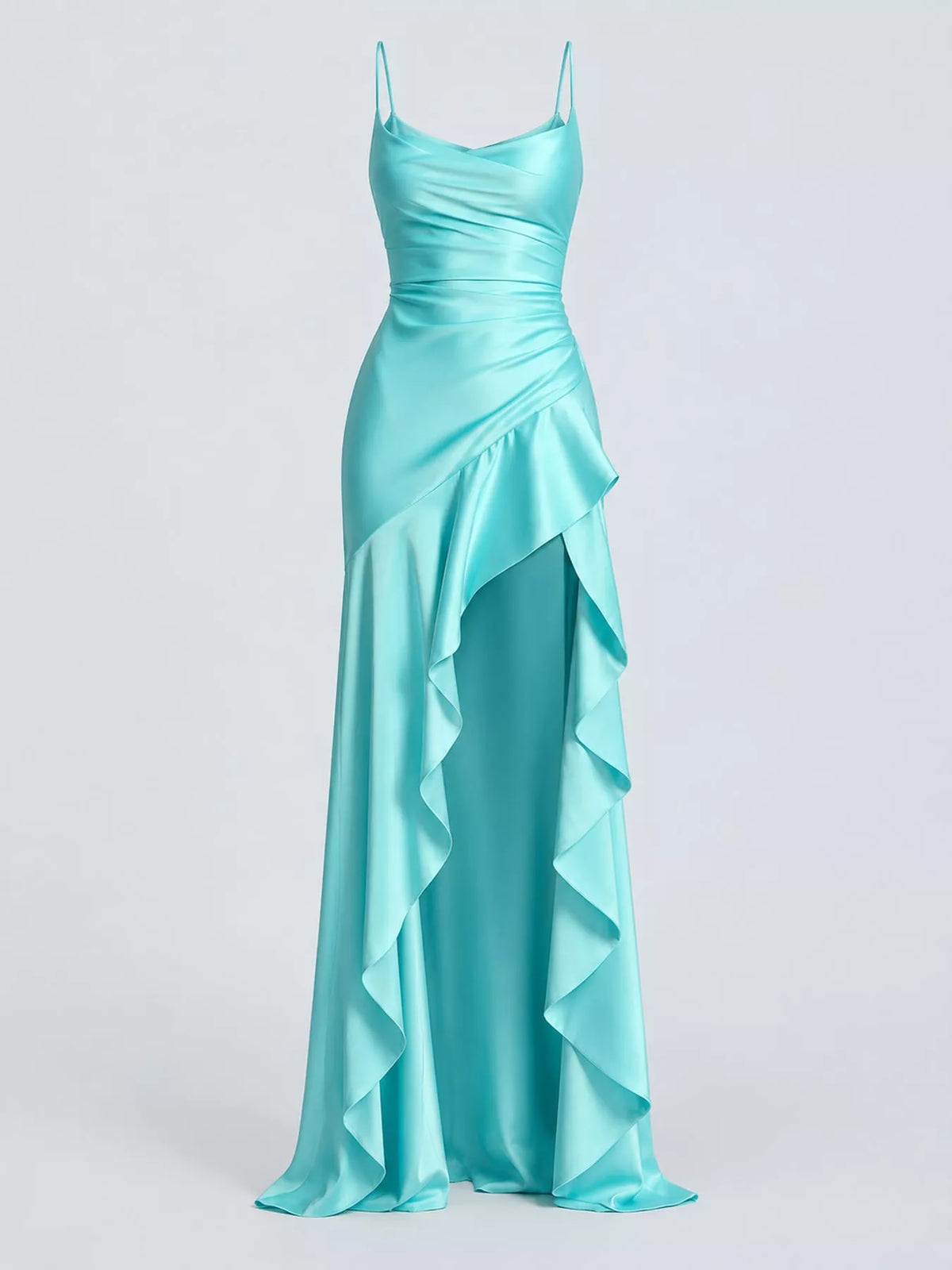 Turquoise high-low ruffle-hem evening dress, product view