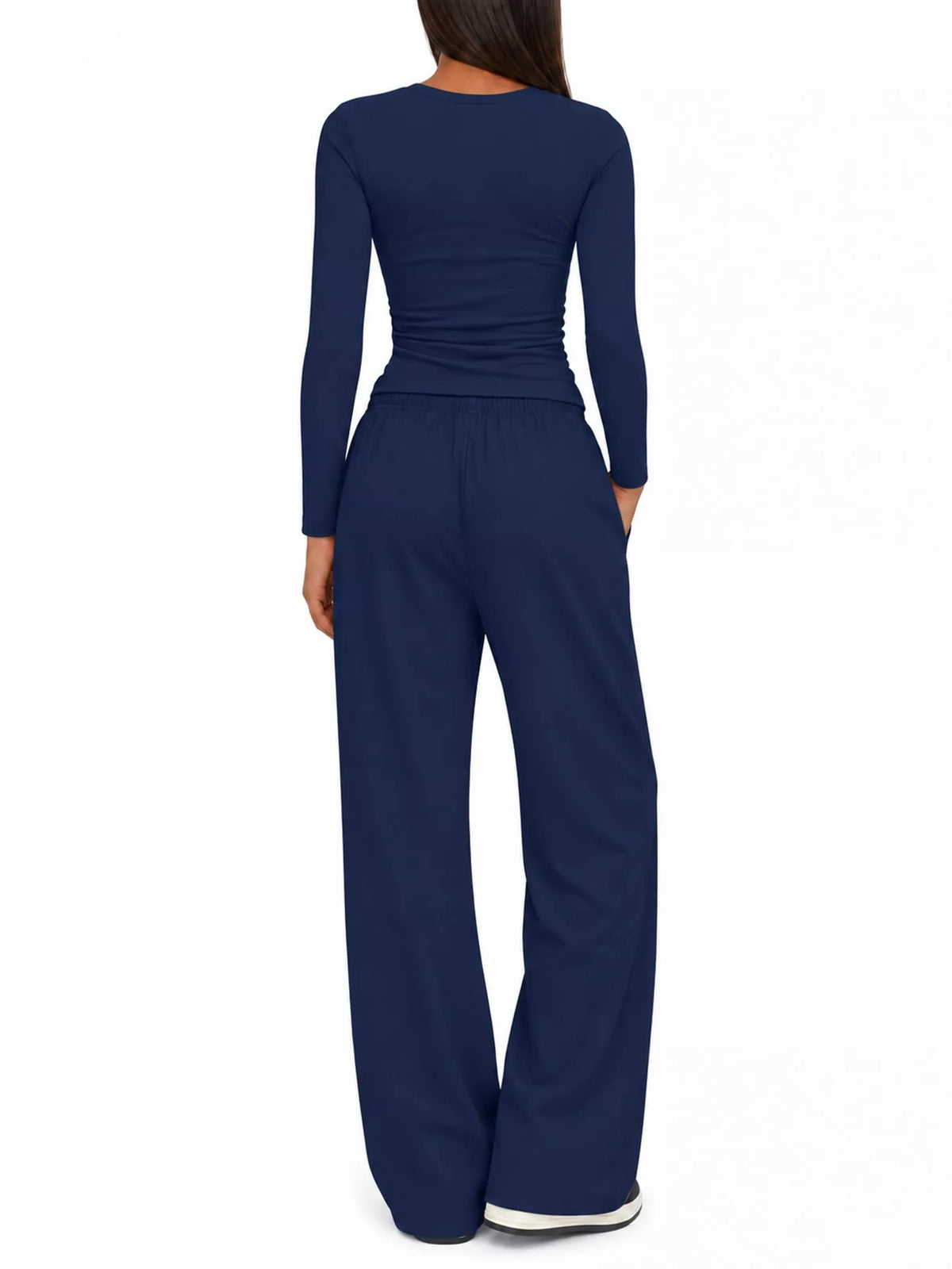 Long Sleeve Ruched Top and Wide-Leg Drawstring Pants Set — back view